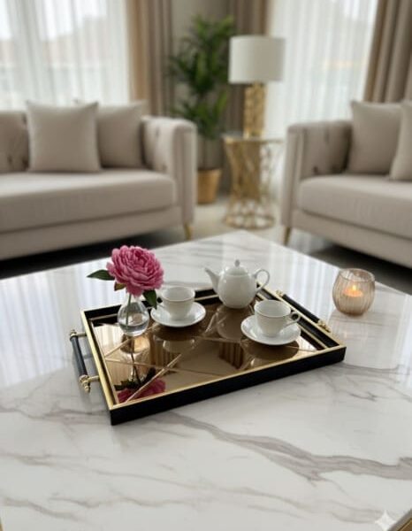 Leila Elmas 46x28 cm Siyah Çerçeve Altın Detaylı Aynalı Sunum Tepsisi