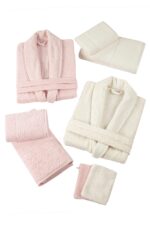 Nurpak Sevgi 8 Parça Aile Bornoz Seti Pembe-Ekru - Görsel 2