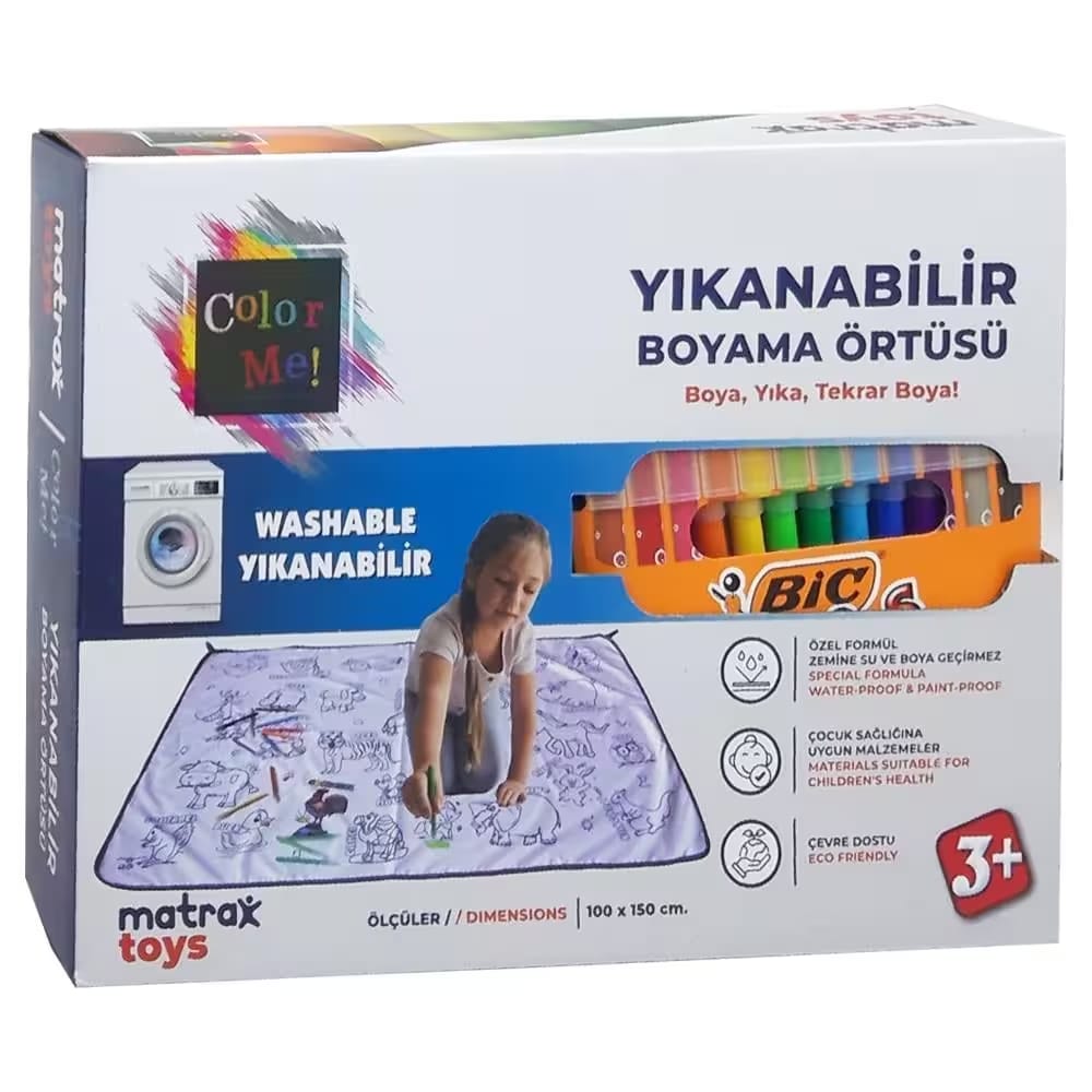 image1-2866 Matrax Yıkanabilir Boyama Örtüsü ve 12'li Boya Kalemi Seti 100x150 cm - Görsel 1