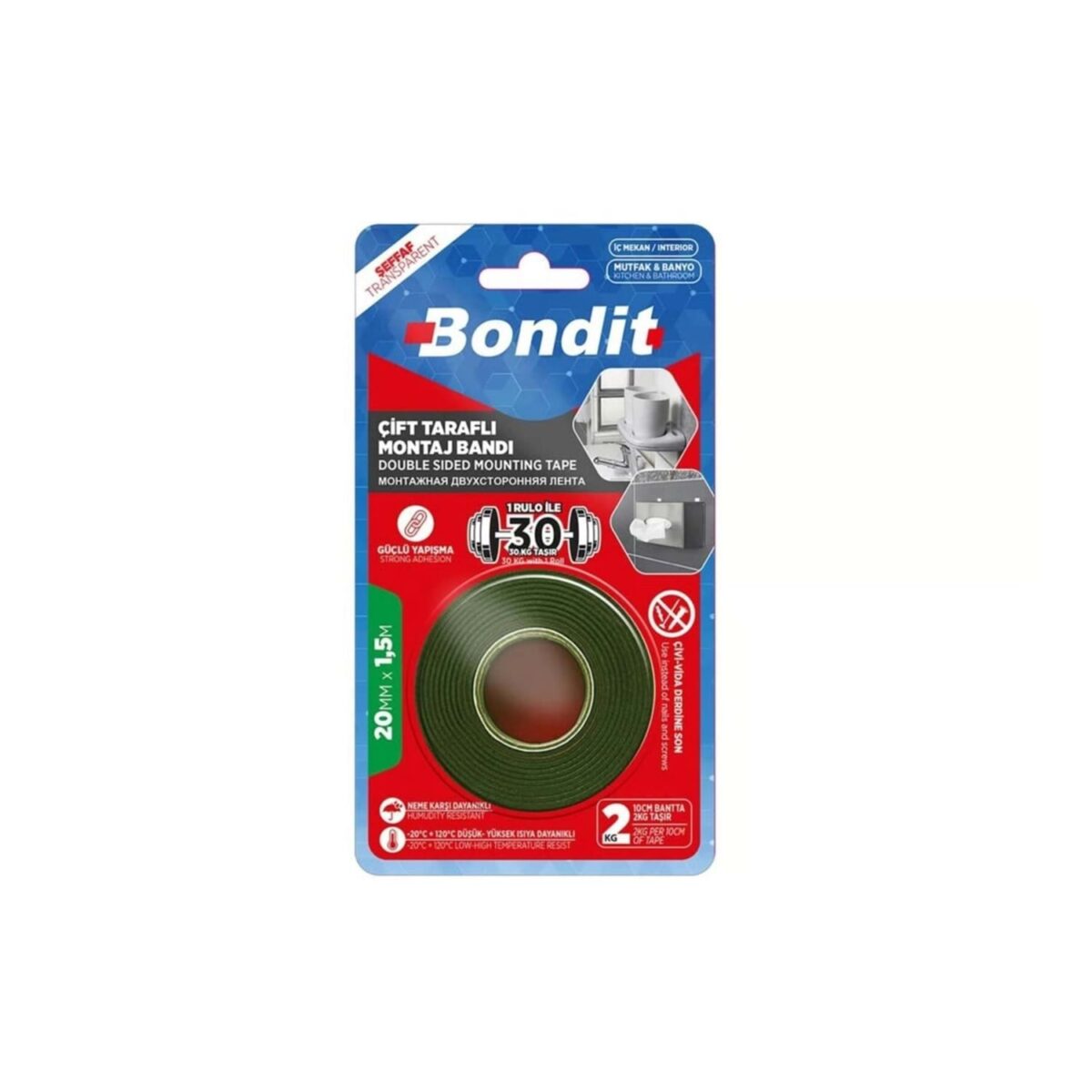 Bondit Çift Taraflı Şeffaf Montaj Bandı 20 mm x 1.5 m - Görsel 2
