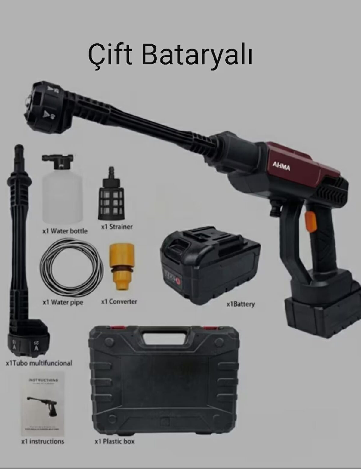 AHMA A-130 300W Çift Bataryalı Akülü Basınçlı Yıkama Makinesi Seti - Görsel 2