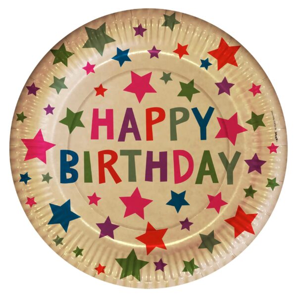 Happy Birthday Tasarımlı Renkli Yıldızlı Karton Tabak 23 cm