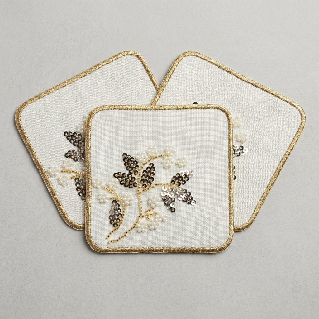 3'lü Kare Nakışlı ve Taşlı Dekoratif Sunumluk Seti 15x15 cm