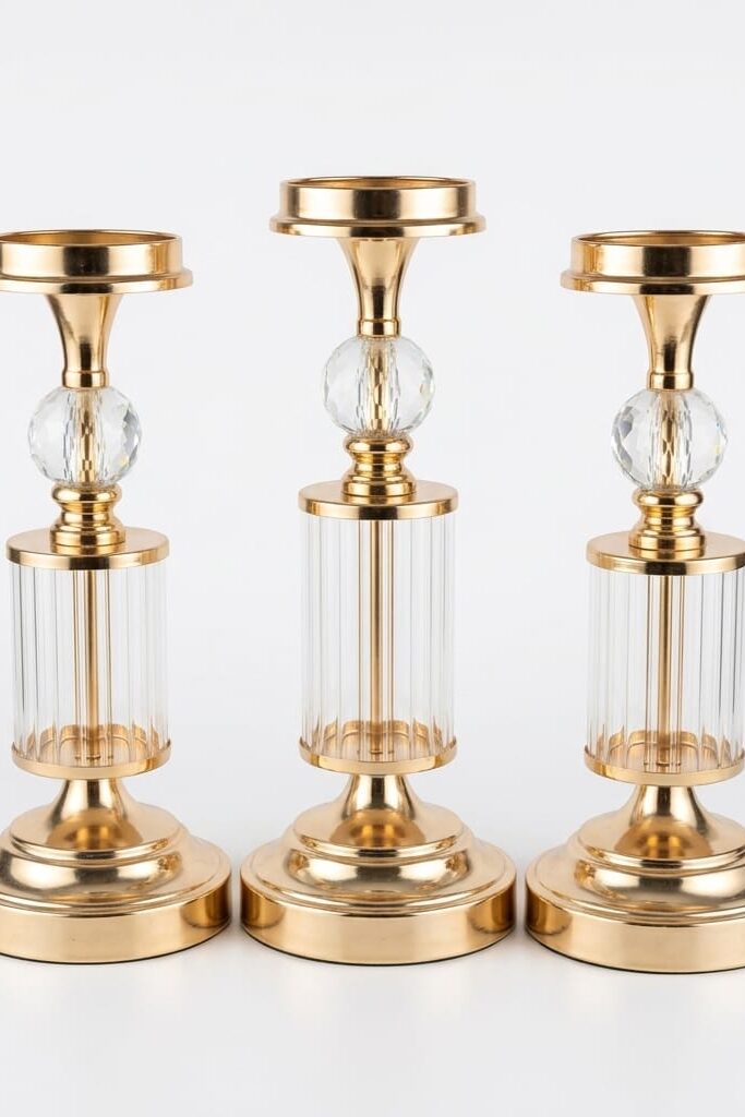 3'lü Kristal Şamdan Seti Modern Dekoratif Mumluk 31-34 cm