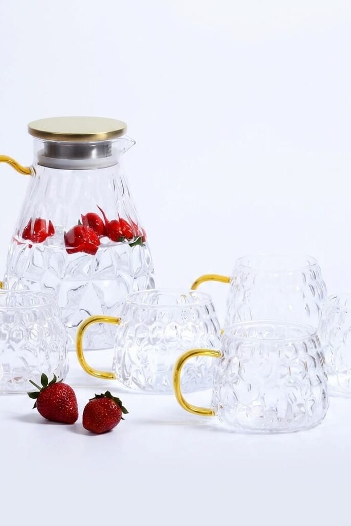 Kosova 5 Parça Cam Sürahi ve Kupa Takımı Gold Detaylı 1700 ml