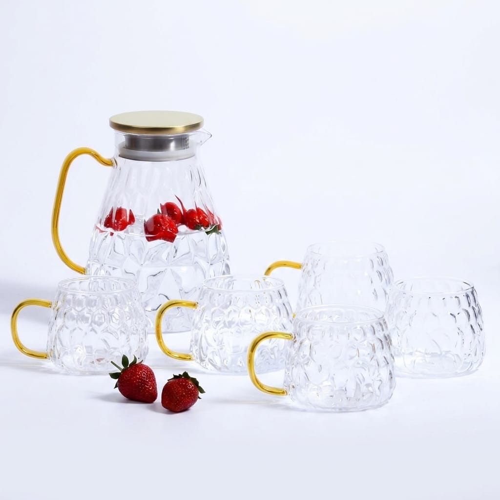 Kosova 5 Parça Cam Sürahi ve Kupa Takımı Gold Detaylı 1700 ml