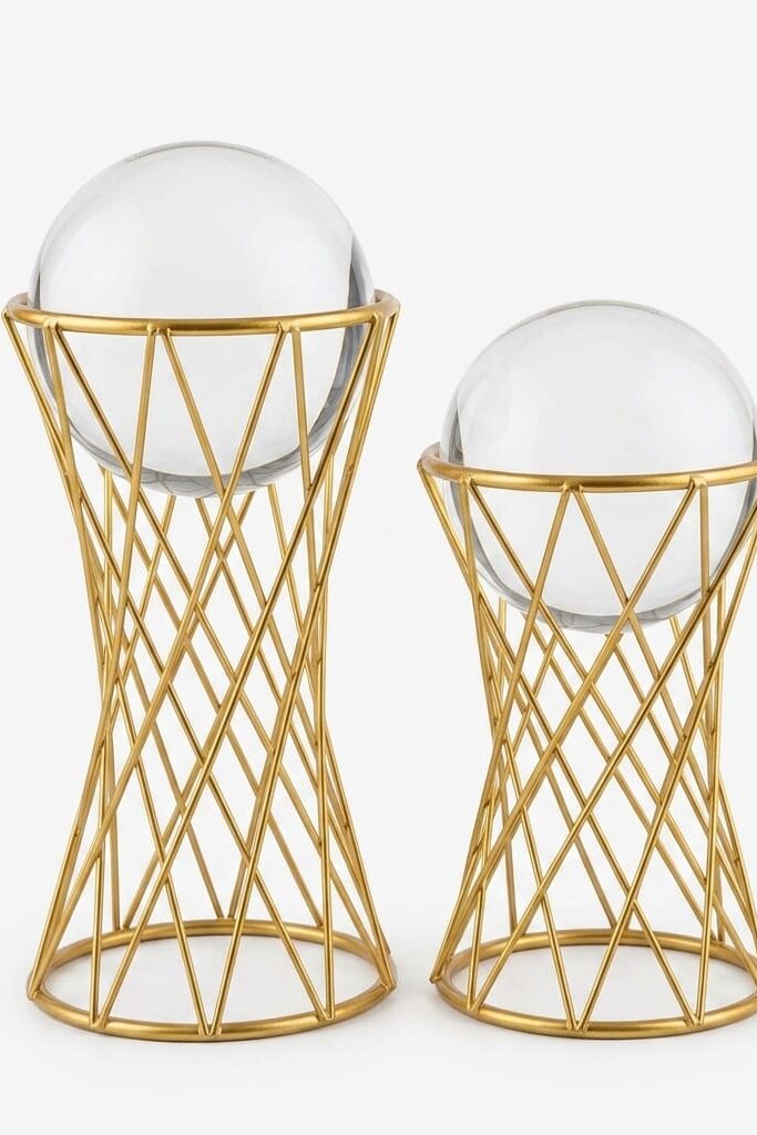 Gold Metal Standlı Kristal Görünümlü Dekoratif 2li Küre Seti