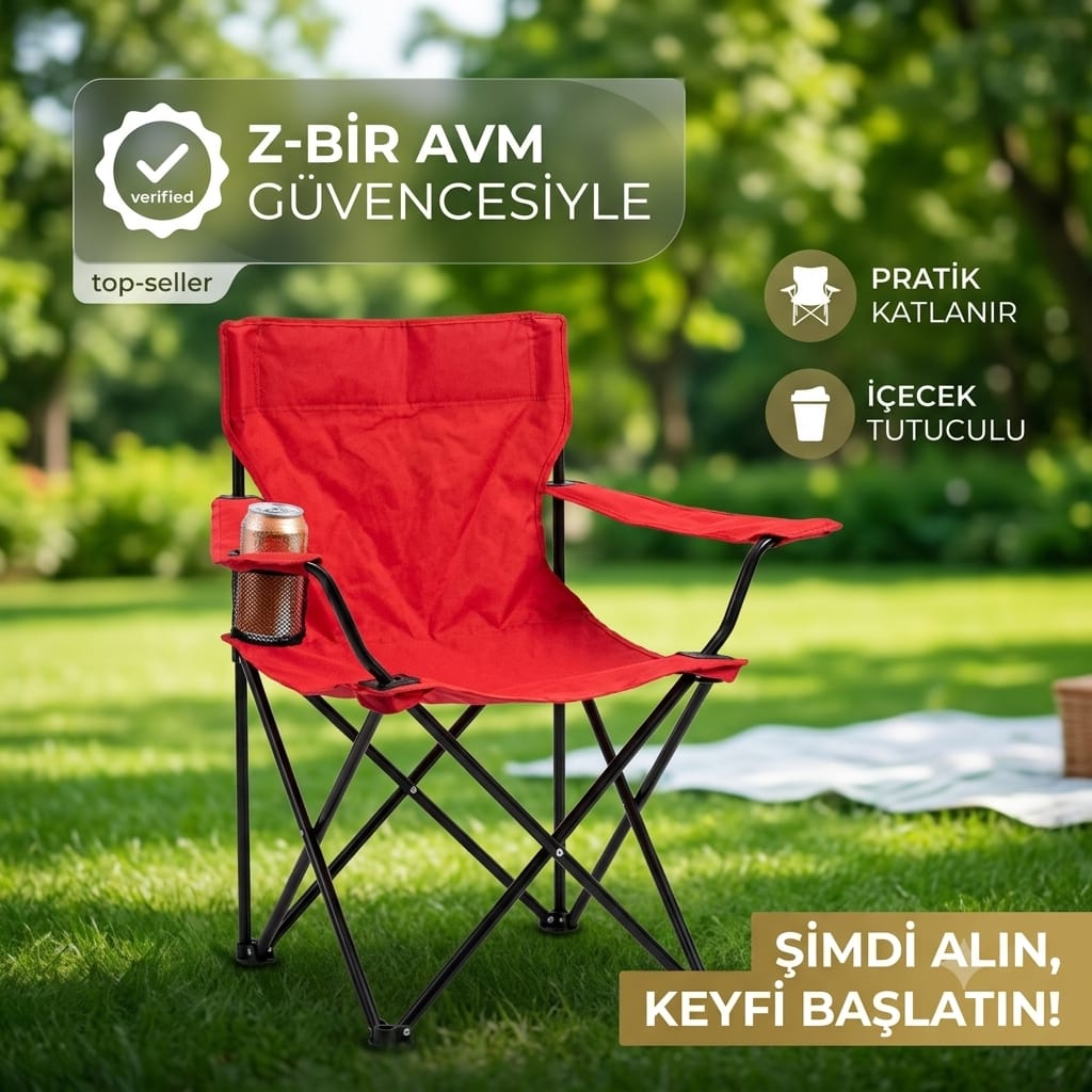 Katlanır Kamp Sandalyesi Bardaklıklı 80 cm Kırmızı