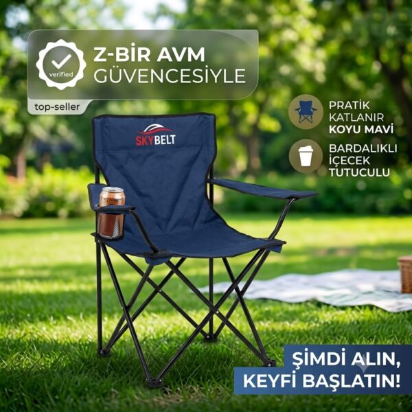 Katlanır Kamp Sandalyesi Koyu Mavi Bardaklıklı 80 cm