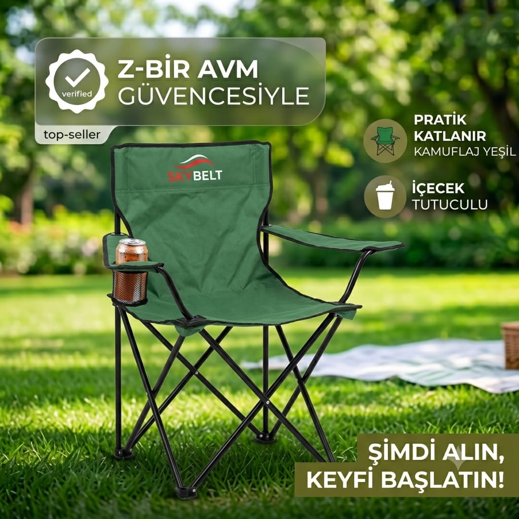 Yeşil Katlanır Kamp Sandalyesi Bardaklıklı 80 cm