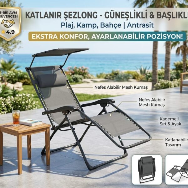 Katlanır Şezlong Güneşlikli Başlıklı Antrasit