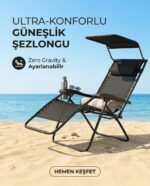 Katlanabilir Siyah Metal Şezlong Güneşlikli ve Baş Yastıklı