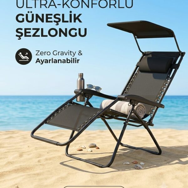 Katlanabilir Siyah Metal Şezlong Güneşlikli ve Baş Yastıklı