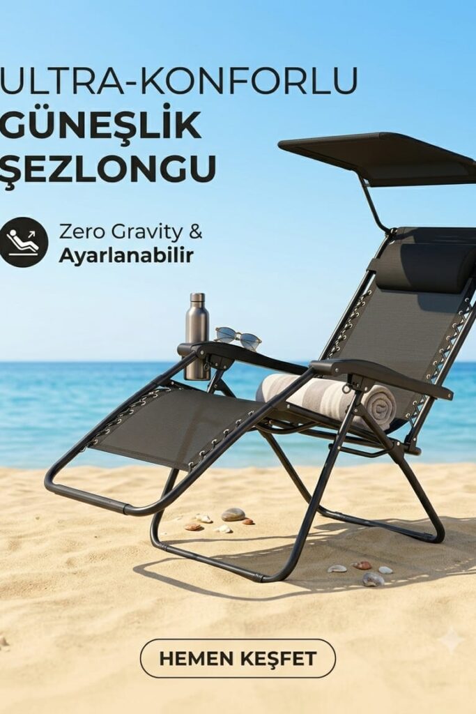 Katlanabilir Siyah Metal Şezlong Güneşlikli ve Baş Yastıklı