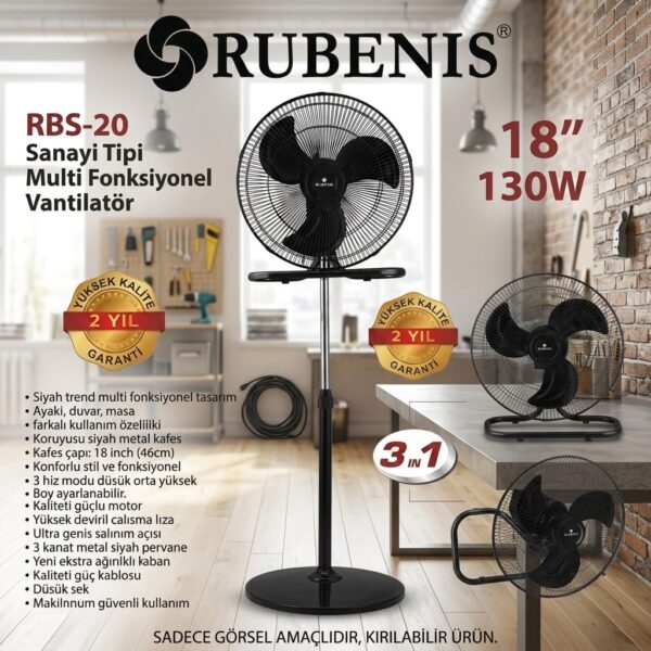 Rubenis RBS-20 Plus Pro 1000 Sanayi Tipi Metal Vantilatör 18 inç