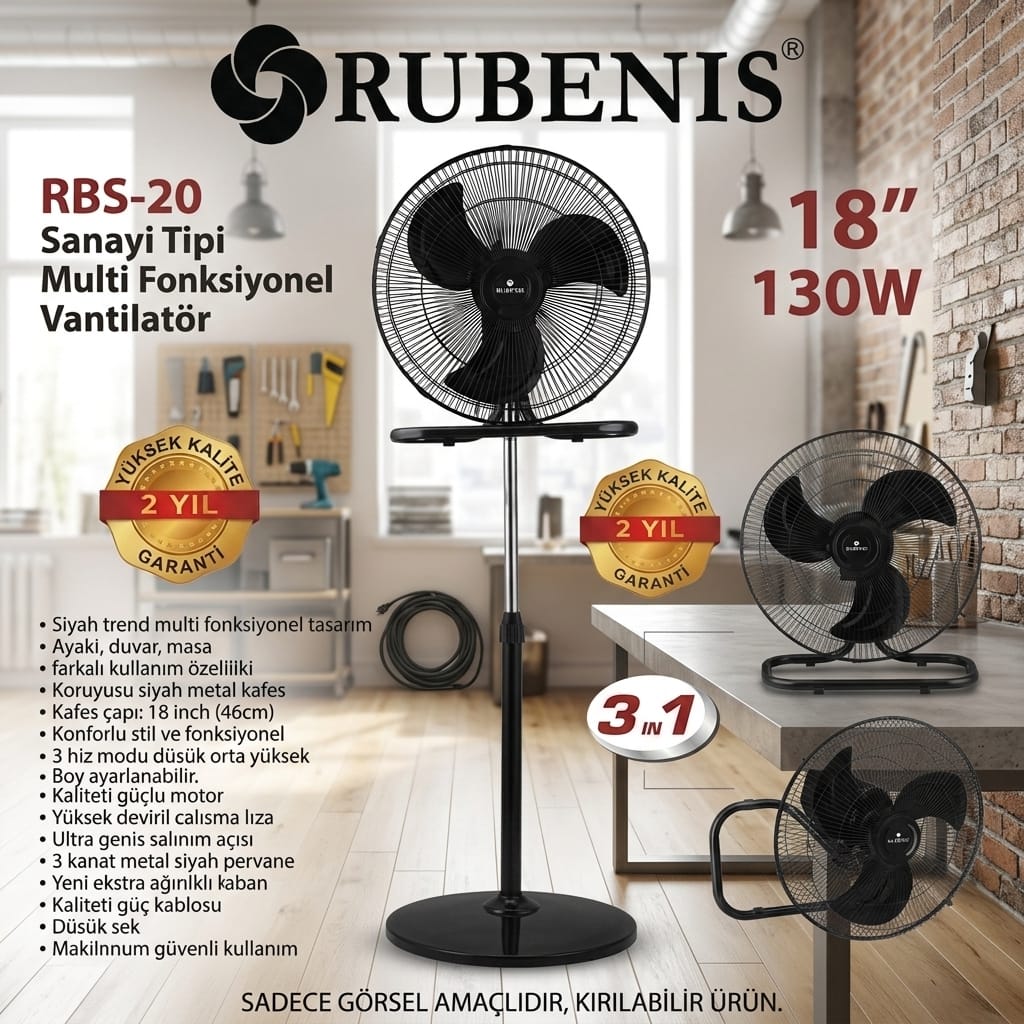 Rubenis RBS-20 Plus Pro 1000 Sanayi Tipi Metal Vantilatör 18 inç