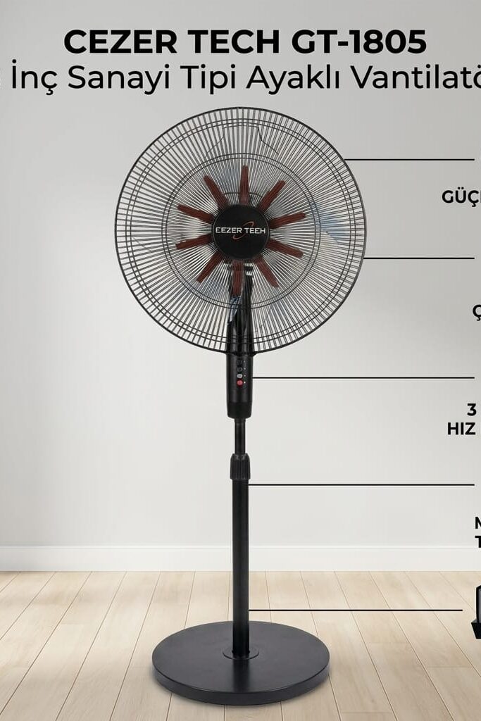 Cezer Tech 18 İnç 45 cm Sanayi Tipi Ayaklı Vantilatör Siyah