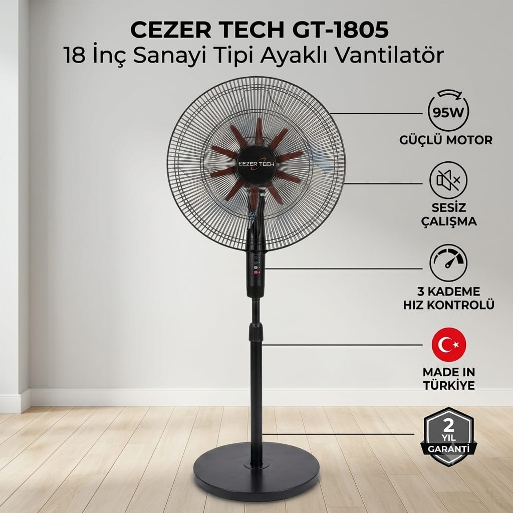 Cezer Tech 18 İnç 45 cm Sanayi Tipi Ayaklı Vantilatör Siyah