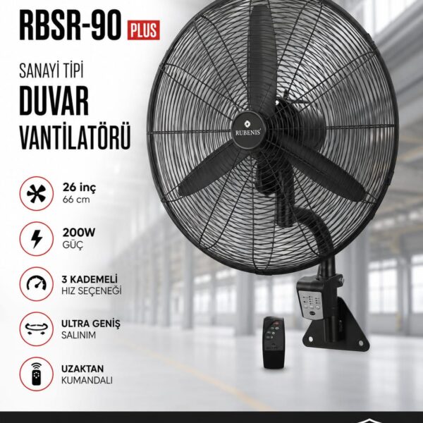 Rubenis RBSR-90 Plus 26 İnç 66 cm Uzaktan Kumandalı Sanayi Tipi Duvar Vantilatörü