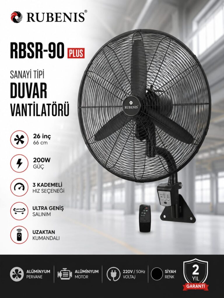 Rubenis RBSR-90 Plus 26 İnç 66 cm Uzaktan Kumandalı Sanayi Tipi Duvar Vantilatörü