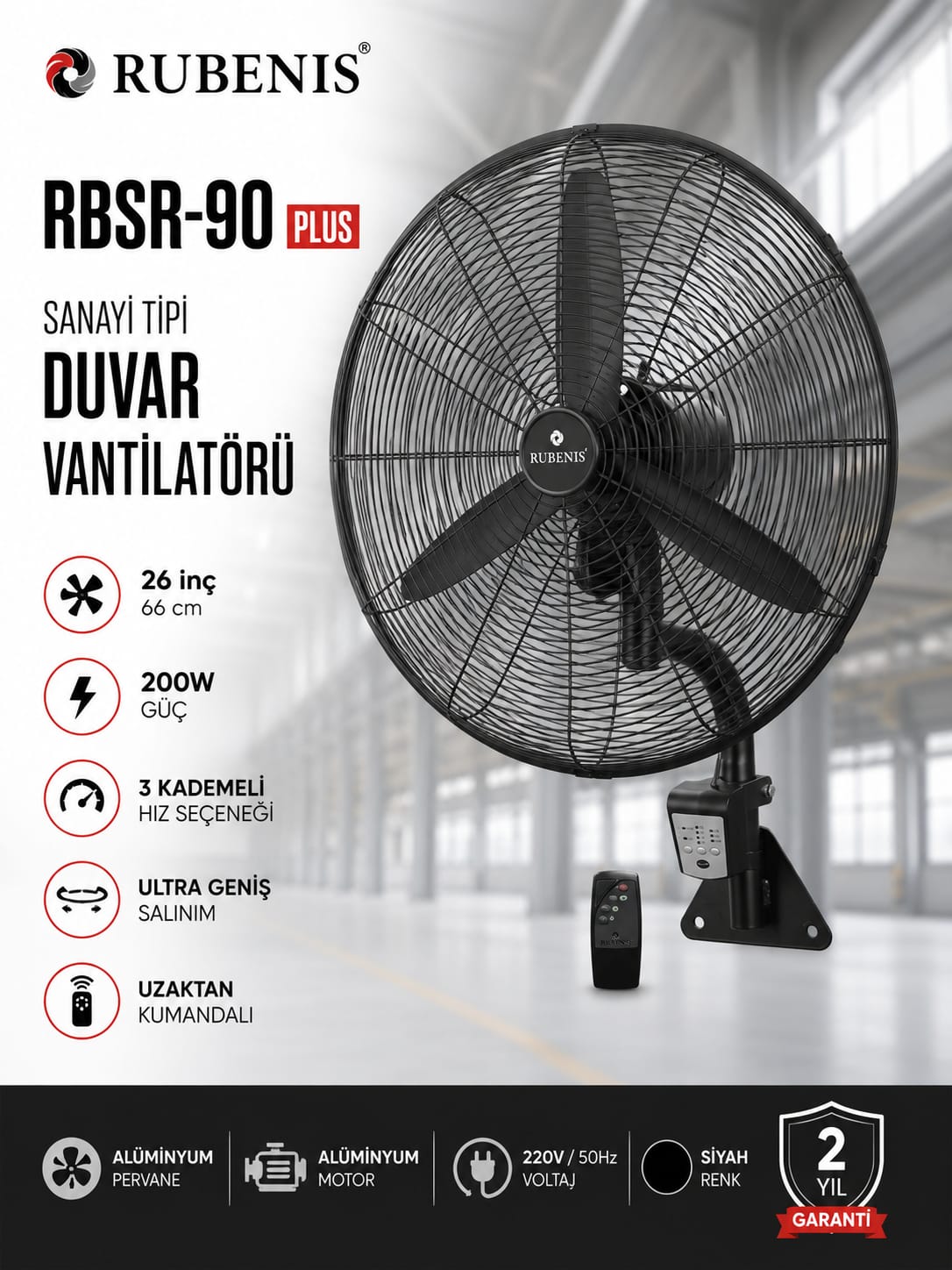 8680562472013-image-1 Rubenis RBSR-90 Plus 26 İnç 66 cm Uzaktan Kumandalı Sanayi Tipi Duvar Vantilatörü