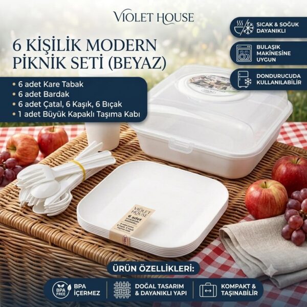 Violet House 6 Kişilik Plastik Piknik Seti Beyaz