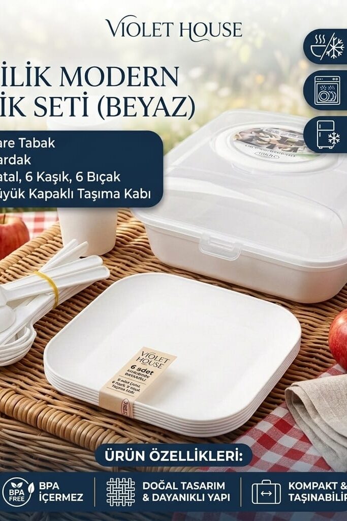 Violet House 6 Kişilik Plastik Piknik Seti Beyaz