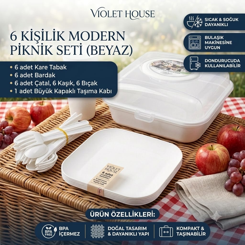 Violet House 6 Kişilik Plastik Piknik Seti Beyaz