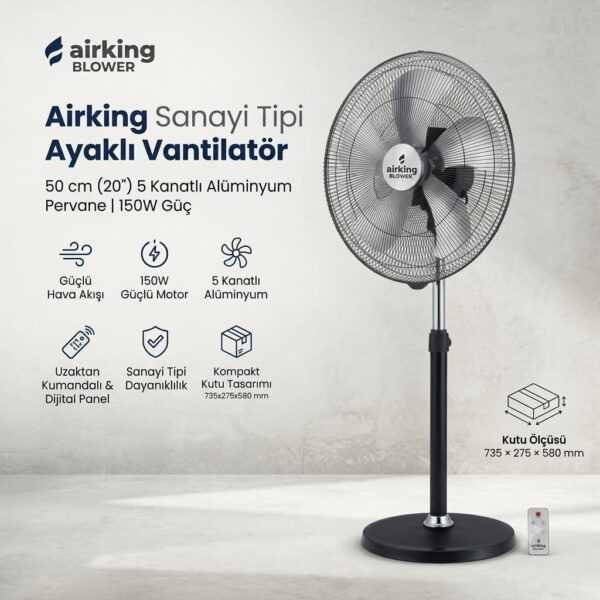 Airking 150W Sanayi Tipi Ayaklı Vantilatör 50 cm 5 Kanatlı Uzaktan Kumandalı