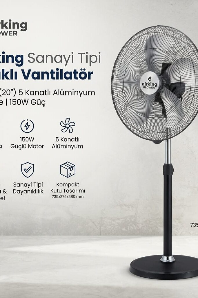 Airking 150W Sanayi Tipi Ayaklı Vantilatör 50 cm 5 Kanatlı Uzaktan Kumandalı