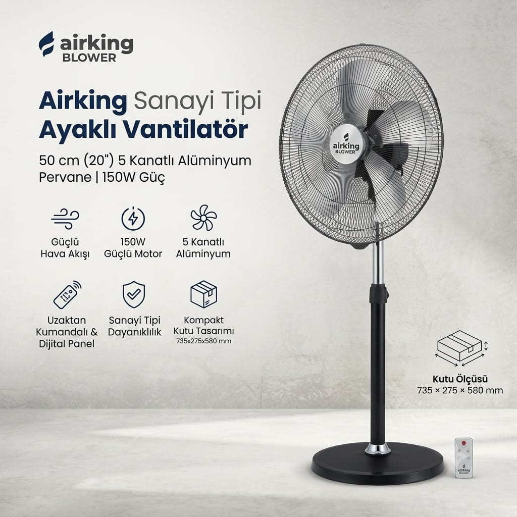 8680562478213-image-1 Airking 150W Sanayi Tipi Ayaklı Vantilatör 50 cm 5 Kanatlı Uzaktan Kumandalı