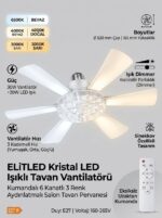 ELiTLED Kristal LED Işıklı Tavan Vantilatörü 6 Kanatlı Kumandalı 52cm