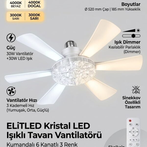 ELiTLED Kristal LED Işıklı Tavan Vantilatörü 6 Kanatlı Kumandalı 52cm