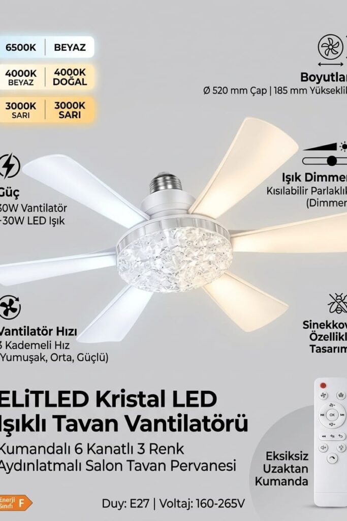 ELiTLED Kristal LED Işıklı Tavan Vantilatörü 6 Kanatlı Kumandalı 52cm