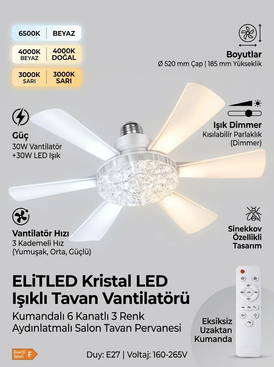 8682759614879-image-1 ELiTLED Kristal LED Işıklı Tavan Vantilatörü 6 Kanatlı Kumandalı 52cm