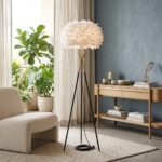 Modern Tüylü Lambader 160 cm Tripod Gold Detaylı Beyaz