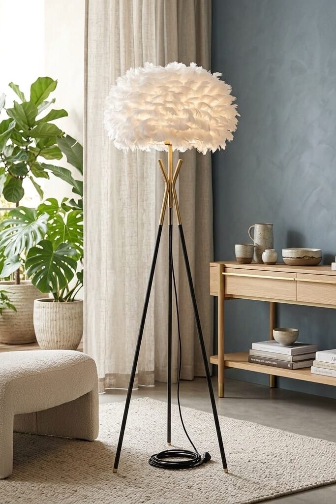 Modern Tüylü Lambader 160 cm Tripod Gold Detaylı Beyaz
