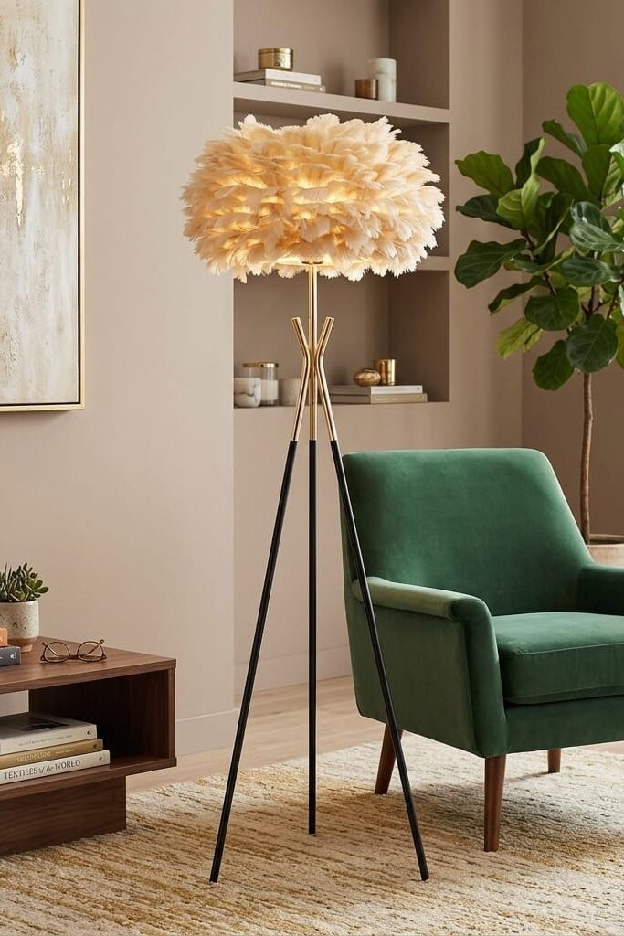 Modern Tüylü Tripod Lambader Karamel Gold Detaylı 160 cm