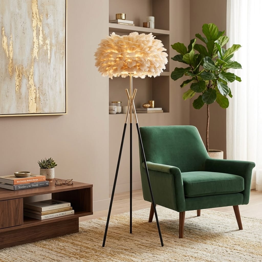 Modern Tüylü Tripod Lambader Karamel Gold Detaylı 160 cm