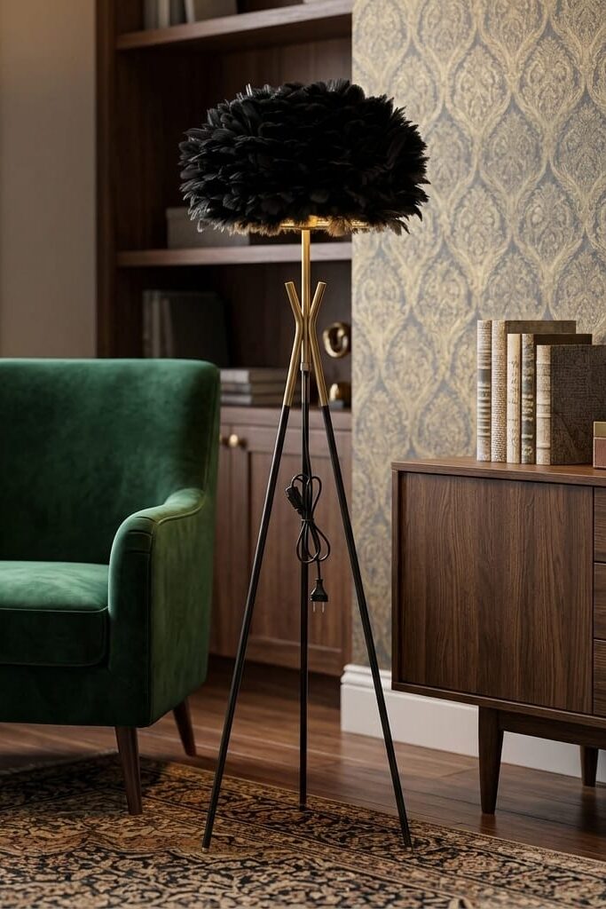 Modern Siyah Tüylü Lambader Gold Detaylı Tripod Ayaklı 160 cm