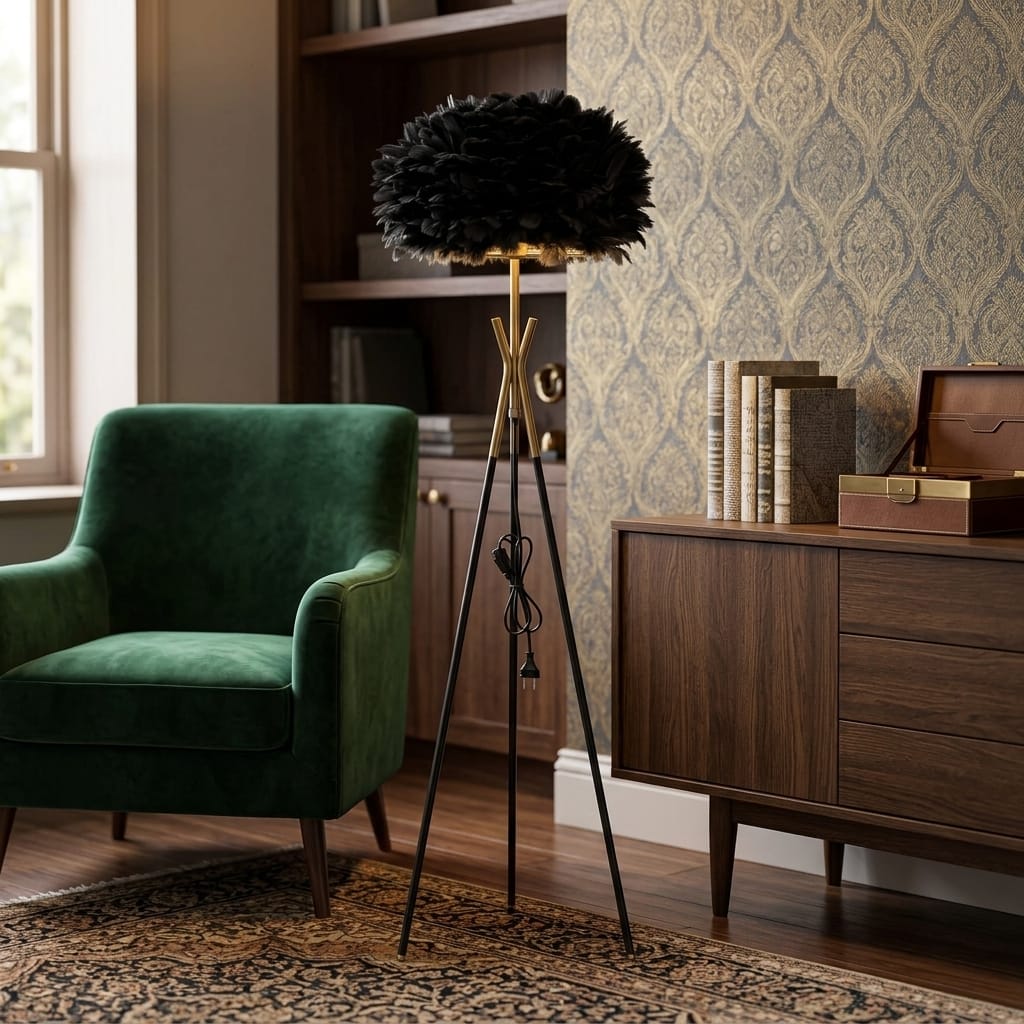 Modern Siyah Tüylü Lambader Gold Detaylı Tripod Ayaklı 160 cm