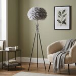 Modern Gri Tüylü Lambader 160 cm Krom Detaylı Tripod Lambader