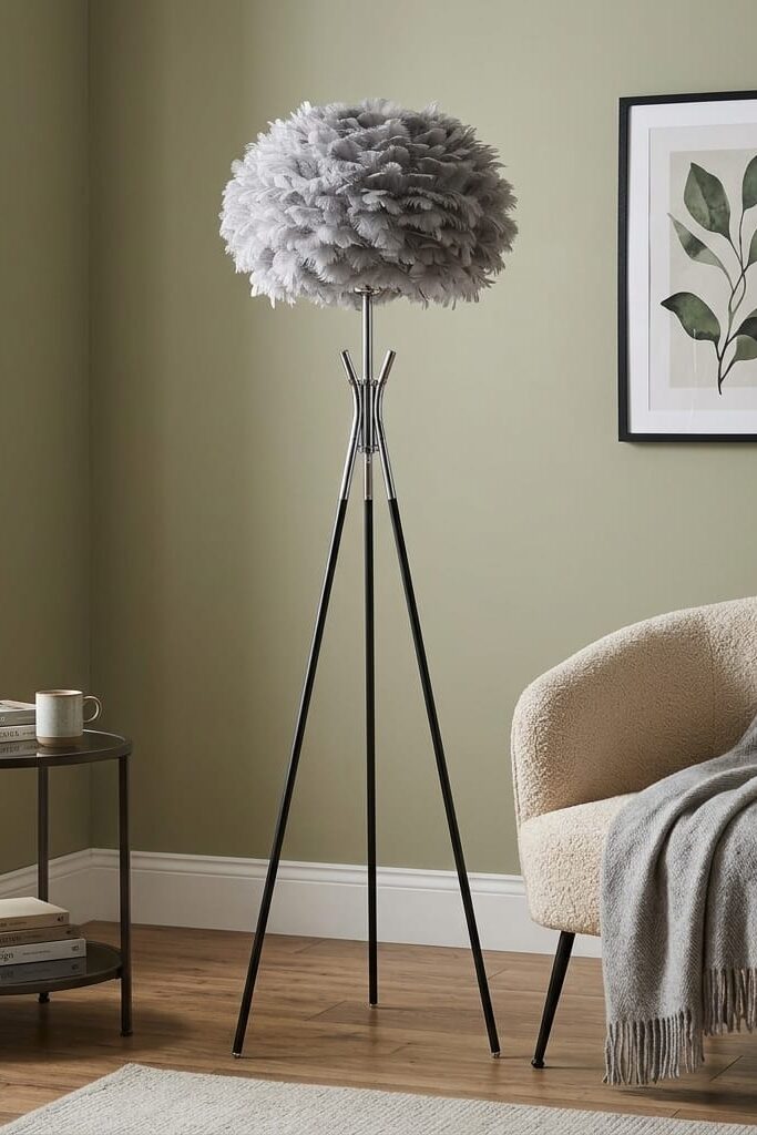Modern Gri Tüylü Lambader 160 cm Krom Detaylı Tripod Lambader