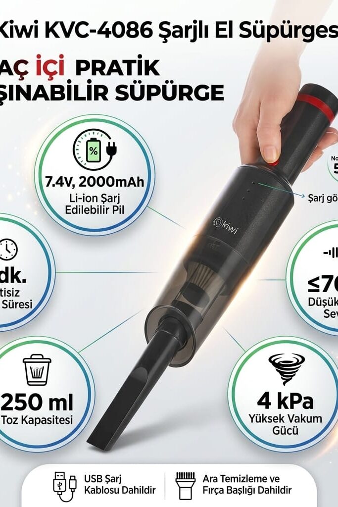 Kiwi KVC-4086 Şarjlı Araç İçi El Süpürgesi 4 kPa