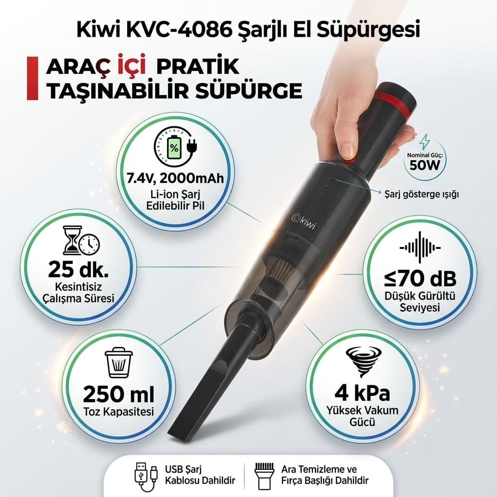 8681438109057-image-1 Kiwi KVC-4086 Şarjlı Araç İçi El Süpürgesi 4 kPa