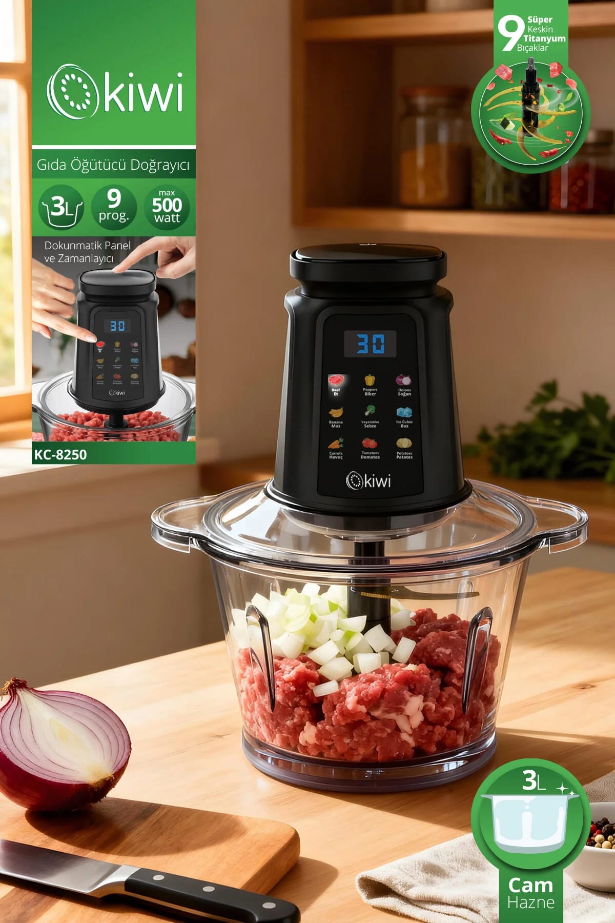 8681438115645-image-1 Kiwi KC-8250 500W 3 Litre 9 Bıçaklı Dijital Gıda Doğrayıcı
