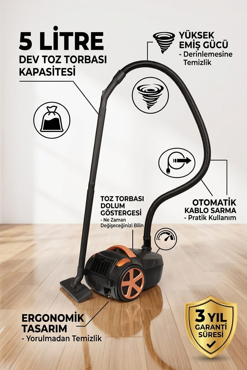 8683684380648-image-1 Fantom DC 3000 5 Litre Toz Torbalı Elektrikli Süpürge Siyah
