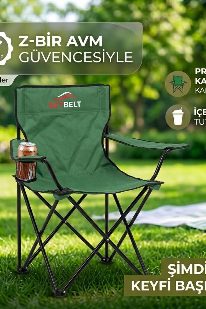 Yeşil Katlanır Kamp Sandalyesi Bardaklıklı 80 cm