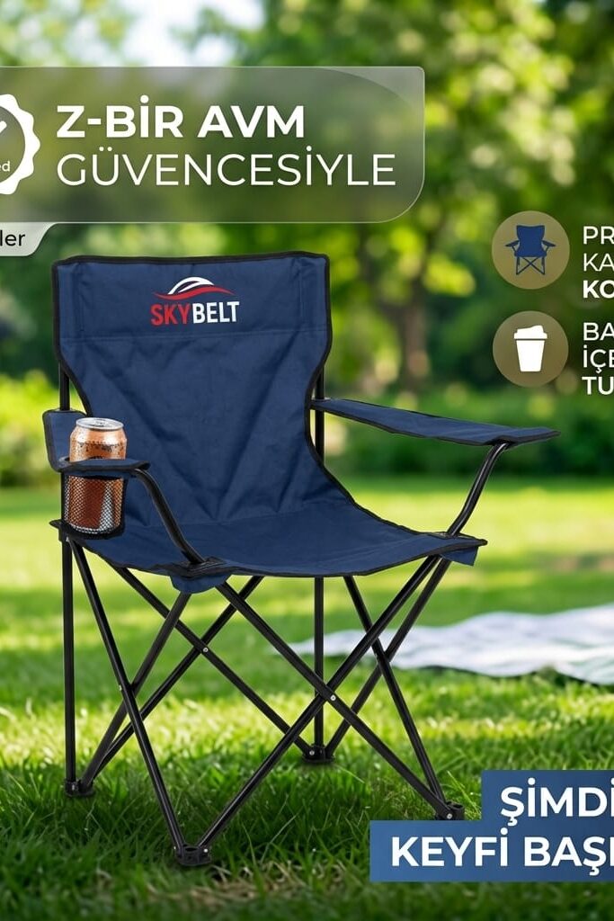 Katlanır Kamp Sandalyesi Koyu Mavi Bardaklıklı 80 cm