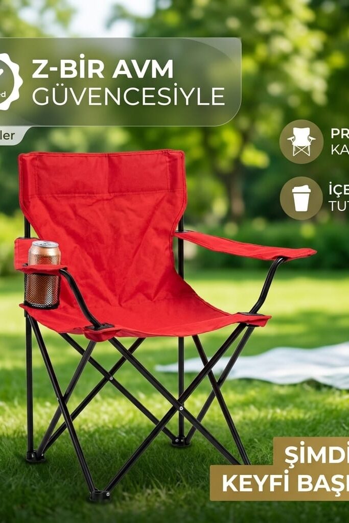 Katlanır Kamp Sandalyesi Bardaklıklı 80 cm Kırmızı